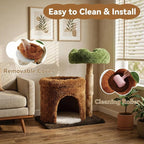 STILLCOVE Small Cat Tree with Scratching Post: Solid Wood Kitten Tower | Cloud Flower Bed, Real Nature Wood, Mini Short Modern Aesthetic Mau Cute House Condo Perch, Hanging Ball, Indoor cats