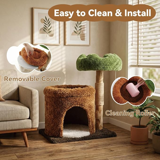 STILLCOVE Small Cat Tree with Scratching Post: Solid Wood Kitten Tower | Cloud Flower Bed, Real Nature Wood, Mini Short Modern Aesthetic Mau Cute House Condo Perch, Hanging Ball, Indoor cats