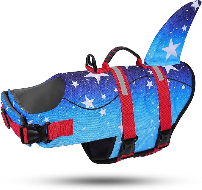 ASENKU Dog Life Jacket - Pet Safety Vest for Swimming & Boating, Shark Life Jacket with Floatation, Dog Lifesavers Swimsuits for Small Medium Large Dogs (GradStar, XL)