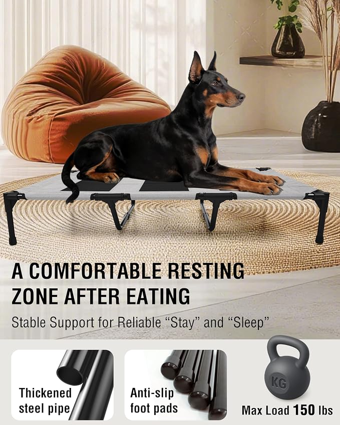 Elevated Dog Bed with Heavy-Duty Steel Frame, Breathable Mesh Cooling Surface, Easy to Clean, Portable Raised Dog Cot for Indoor & Outdoor Use,49x32x8 InchesGrey Dog Bed,Size L.
