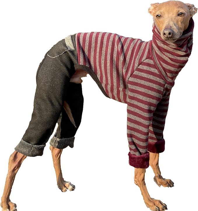D Doggy Star Italian Greyhound Clothes Stripe Fleece Stretchable Denim Onesie Whippet for Dog Turtleneck Outfits Coat (S,Denim Burgundy)