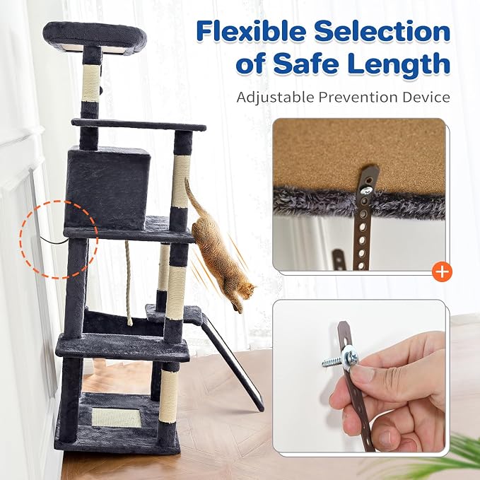 ABCPET 63" Multi-Level Cat Tree Tower for Indoor Cats, Dark Grey | 63" multi-level cat tower with sisal scratch posts, cat condo, hammock, dangling toy & wide perch for indoor cat rest & play