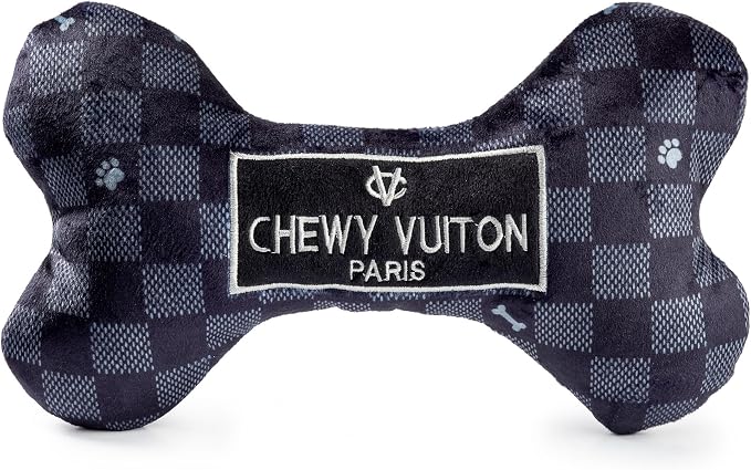 Haute Diggity Dog Chewy Vuiton Bone Plush Squeaky Dog Toy, Soft Durable Designer-Inspired Stuffed Puppy Chew Toys for Small, Medium & Large Dogs, Machine-Washable (Black Checker) XL