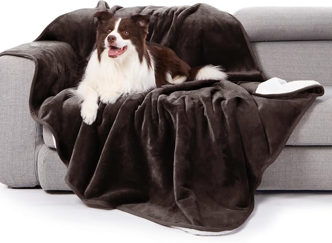 gogobunny Waterproof Bed Blanket, Reversible Sherpa Fleece Throw Blanket for Dog Puppy Cat, Furniture Cover Protects Bed Couch Sofa from Liquid Pee and Pet Fur (Dark Brown, 90x108 inches)