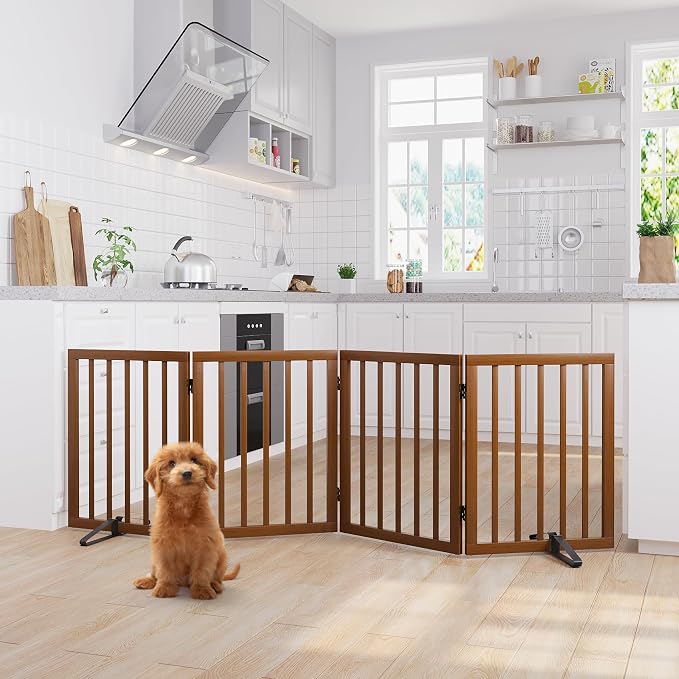 Semiocthome Freestanding Dog Gate 24“Tall, Walnut Foldable Dog Gates for Doorways Stairs Indoor, Wooden 4 Panels Pet Gates for Dogs with 2 Metals Stands, Fully Assembled Door Gates Fences