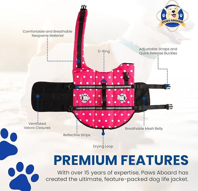 Dog Life Jacket - Swimming Vest for Dogs, Adjustable, Reflective, Comfortable, Multiple Colors, Patterns, XX-Small to Extra Large Dog Swim Vest with Handle (Pink Polka Dot, Medium)