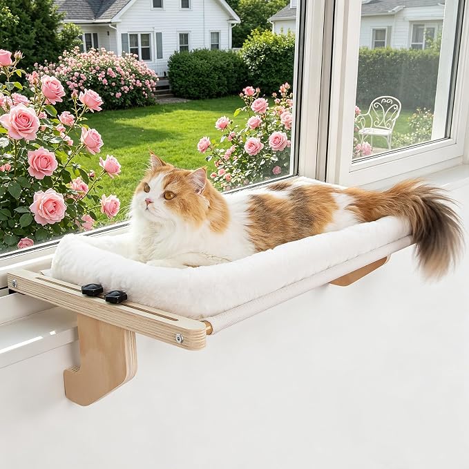 Cat Sill Window Perch - 100% Natural Pine Frame, Plush Fleece Cushion, Tool-Free Adjustment, Supports 55 lbs (Extra Large-White)