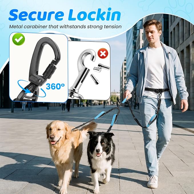 Hands Free Leash for 2 Large Dogs, No Tangle Waist Walking Bungee Leash, 6-8 FT Double Dog Leashes(50-150 lbs)