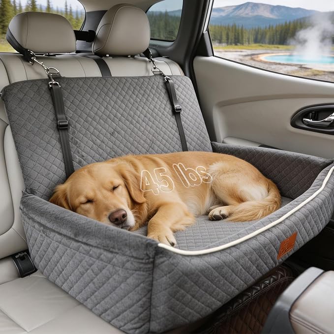 Luxury Large Dog Car Seat,Convertible to Portable Travel Dog Bed-Plush Velvet & High-Resilience Memory Foam,Universal Backseat & SUV Trunk Installation,Anti-Slip Safety Design for Medium-Large Dogs.