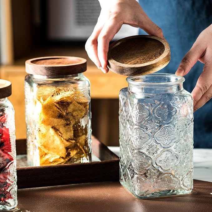 Vintage glass sealed storage jar with sealed wooden lid, Kitchen Storage glass food storage container for, coffee beans, oats, flour, cereal, food storage jar (2*plum blossom)