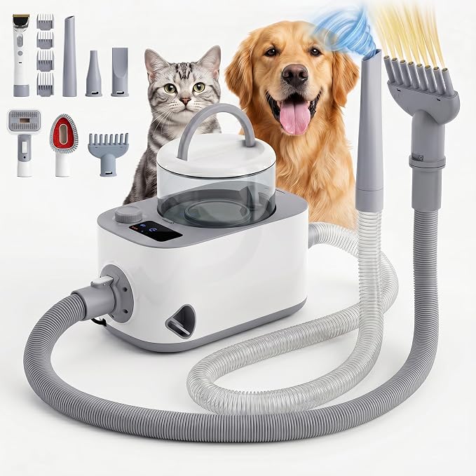 Dog Vacuum & Dryer for Dogs, 9 in 1 Dog Grooming Kit with Metal Blade Pet Clippers, Adjustable Speed and 3 Heat Settings Blower