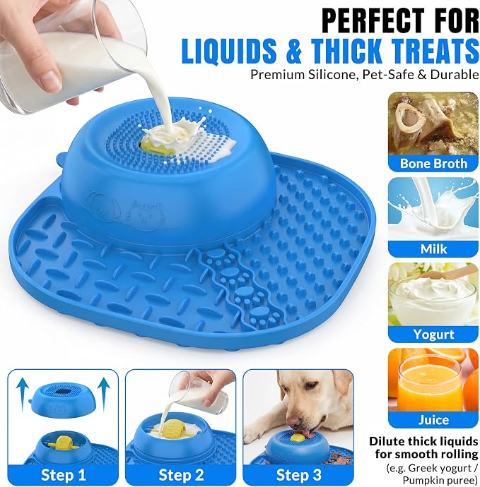 Slow Feeder Dog Bowl with Rotating Lick Ball Blue | Dog lick Bowl for yogurt ,Bone Broth&Wet Food,Silicone Lick Mat with Sution Cup Base for Dogs &Cats
