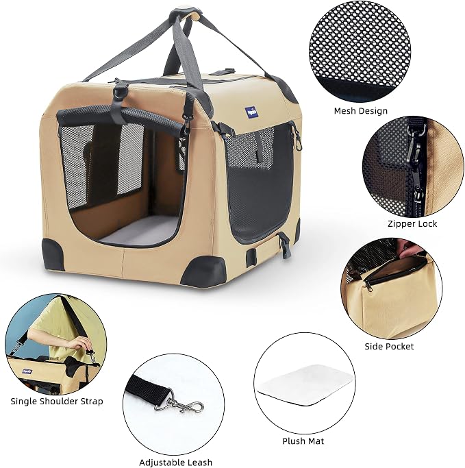 Petprsco Portable Collapsible Dog Crate, 24" Soft Dog Crate for Car Travel | Small Dog Crate Kennel 24”*17”*17” with Soft Blanket and Foldable Bowl for Large Cats & Small Dogs Indoor and Outdoor Use