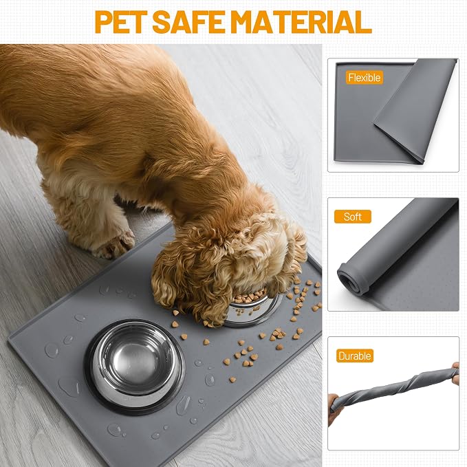 Hubulk Dog Feeding Mat,100% Waterproof Food Grade Silicone Pet Food and Water Bowl Placemat,Dishwasher, High Raised Edge to Prevent Spills,Nonslip Tray to Stop Messes on Floor（28"x18"x0.8", Grey）