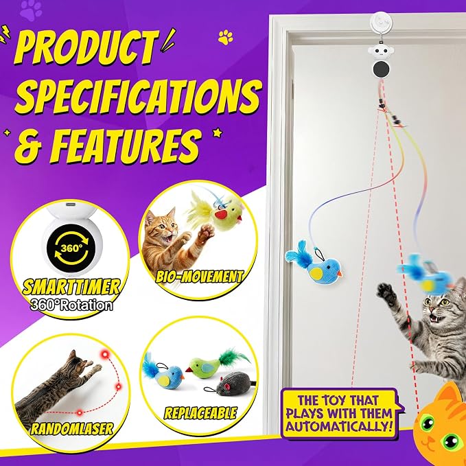 2-in-1 Interactive Laser Pointer Cat Toy & Flying Bird Wand for Indoor Cats | No-Drill Doorway Play with Adjustable Speed, USB Rechargeable, Smart Auto-Pause, Bird & Mouse Attachments