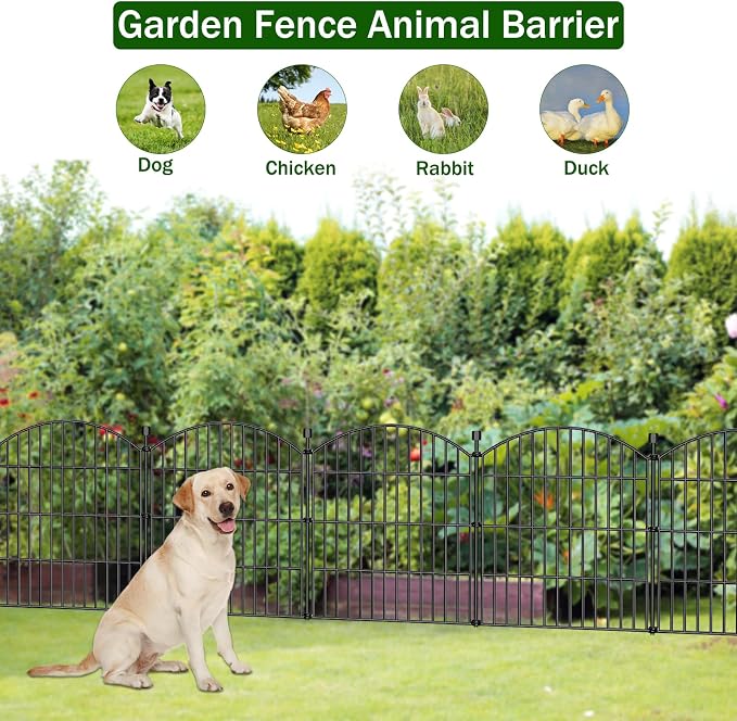 5 Panel No Dig Decorative Garden Fence 24" H x 10'L Outdoor Dog Barrier | Rustproof welded steel with deep ground stakes for yards, patios. Modular design contains pets, rabbits, small animals.