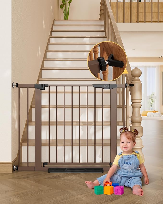 InnoTruth 29.6-39.1 in Wide Baby Gate for Stairs and Doorways, Brown | Indoor Metal Dog Gate for Pets, Auto Close 2 Way Swing Walk Through Door, Double Lock & Y-Bolts, Pressure or Hardware Mount