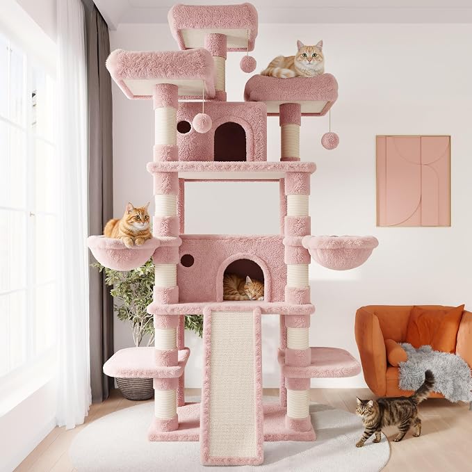 SHA CERLIN 81 Inches Extra Large Cat Tree for Indoor Adult Cats/XXL Big Cat Tower with Condo/Cozy Perches/Sisal Scratching Posts and Hammocks/Activity Center/F80/Heavy Duty/Pink