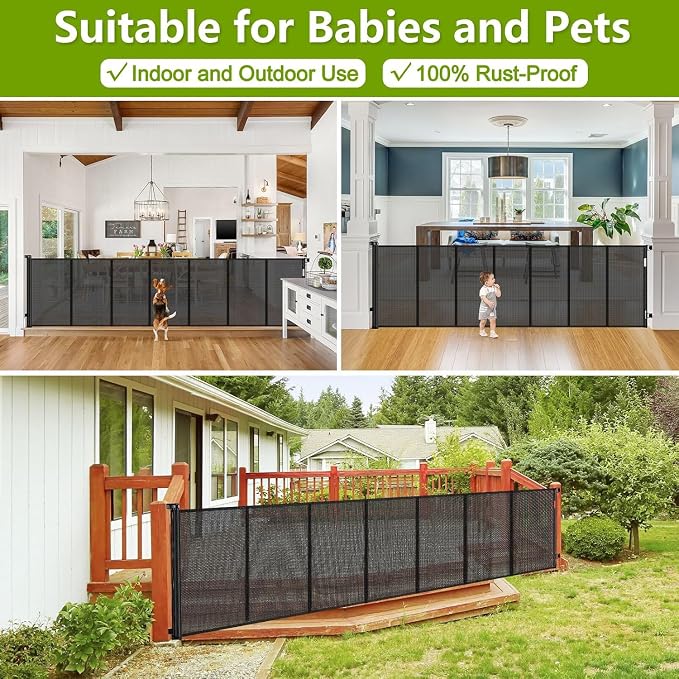 Reinforced 42" Tall Pet Gate 195" Extra Long Baby Gate Indoor/Outdoor/Black | Tall Retractable Dog Gate for Gagage/Deck/Patio, Space-Saving, Easy to Use, Safety Lock, Scratch-Resistant Mesh, Easy Install