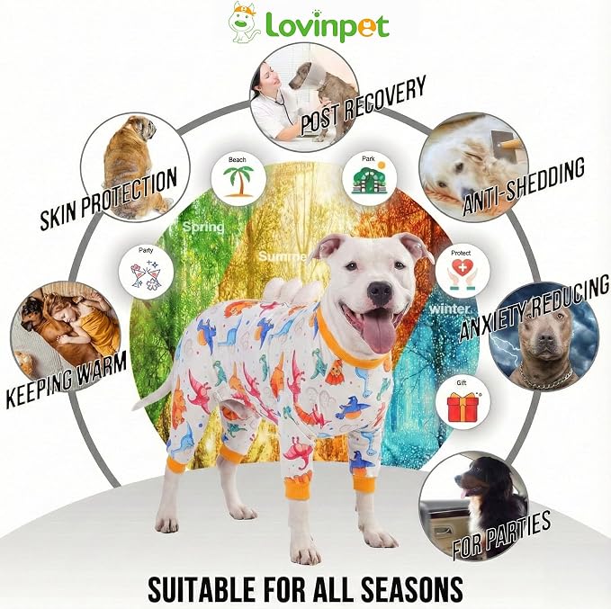 LovinPet Large Dog Pajamas, Four-Leg Stretch Onesie Bodysuit, Lightweight UV-Shielding Pajamas, Anti-Lick Calming Recovery Suit for Surgery, 3D Dino Egg Spikes, Easy on/Off， White， XXL