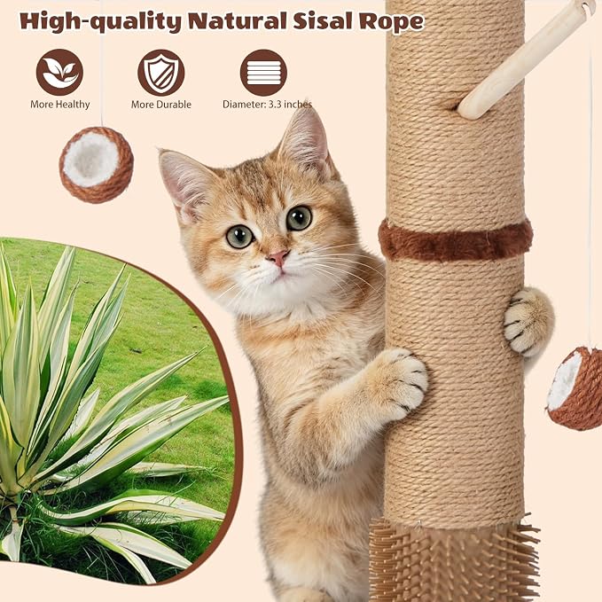 46" Extra Tall Cat Scratching Post with Toy for Large and Adult Indoor Cats | Sisal Cat Scratcher Tree with 3D Leaves for home decor, Hanging Plush Ball, Stable 3-Layer Wooden Base with Ball Track Toys