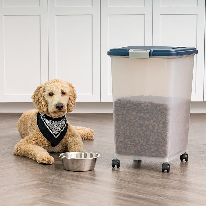 IRIS USA Dog Food Storage Container, Up to 54 lbs, Navy, Made in USA | Wheels for Mobility, Airtight Seal, BPA-Free, Best for Bird Seed, Cat food, Cat Litter, Chicken Feed, Pellets