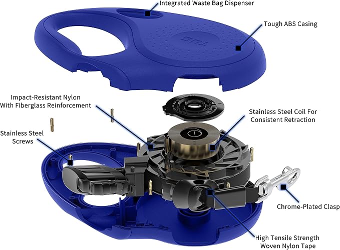TUG Oval 360° Tangle-Free Retractable Dog Leash with Integrated Waste Bag Dispenser (Small, Blue)