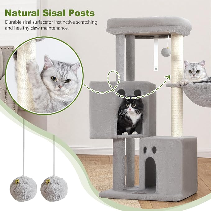 Small Cat Tree Tower for Indoor Cats, 40 in Medium Cat Bed Scratching Posts | Multi Level Compact Kitty Kitten Houses Climbing Trees Stands with 2 Condos Sisal Post Perch Platform Hammock Plush Toy Balls