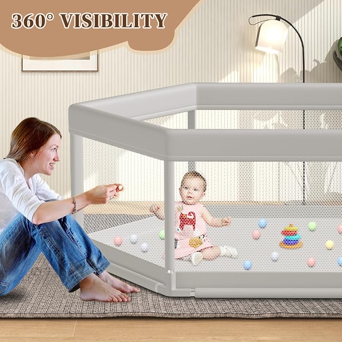 Hiaksedt Large Baby Playpen 65x65 Inch, PlayPen for Babies and Toddlers | Hexagonal Type Baby Play Yards for Indoor & Outdoor with Breathable Mesh Anti-Fall