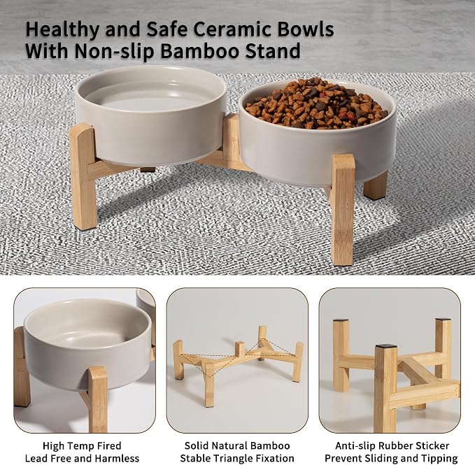 Elevated Ceramic Dog Bowl, 2 Cups Dog Food and Water Bowl Set with Stand | 5.1'' Double Dog Feeding Dishes, Non-Slip Raised Dog Feeder for Cats and Puppies, 16.23 OZ / 480 ML, White