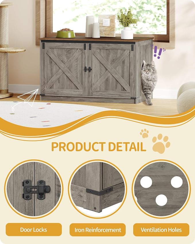 Hzuaneri Cat Litter Box Enclosure, Hidden Litter Box Furniture with Divider | Wooden Cat Cabinet with Removable Dividers, Reversible Entrance Left or Right Side, Cat Washroom, Greige CB84705X
