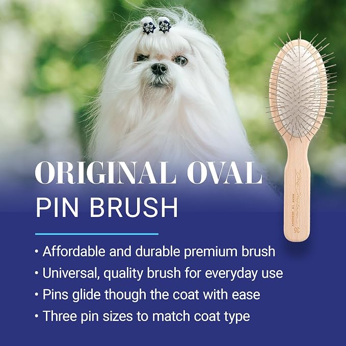 Chris Christensen 35 mm Oval Pin Dog Brush, Original Series, Groom Like a Professional, Stainless Steel Pins, Lightweight Beech Wood Body, Ground and Polished Tips