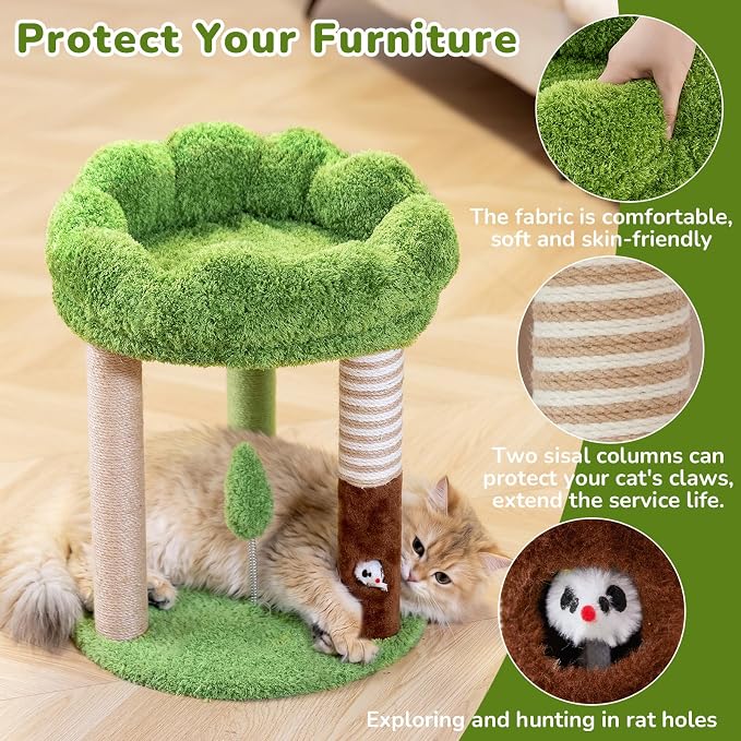 Woochpet 20" Small Cat Tree with 3 Scratching Posts and Perch Bed | Removable Washable Top Cover, Natural Sisal Rope, Compact Design, For Small Cats and Kittens