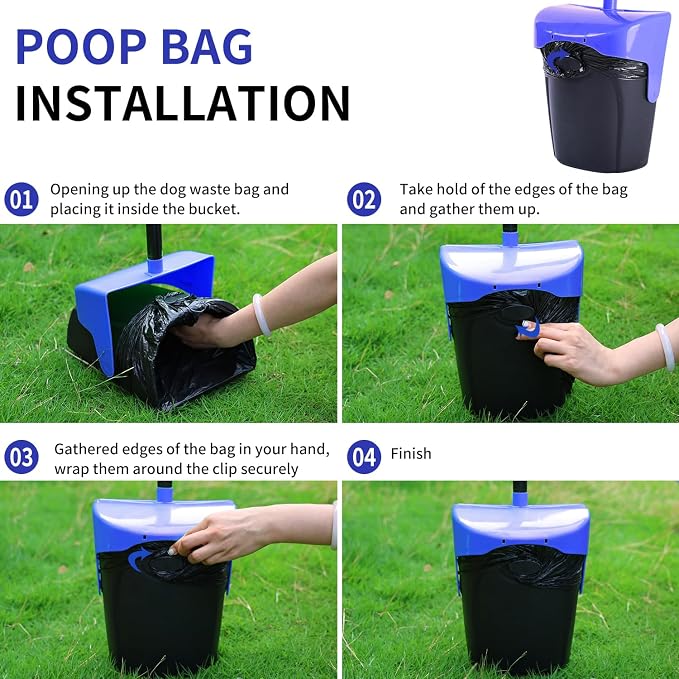 Pooper Scooper Large Swivel Bin & Rake with 160 Waste Bags,Heavy Duty Dog Pooper Scooper with Bag Attachment for Large Small Dogs, Long Handle Poop Scooper with Lid for Yard, Grass, Gravel (Blue)