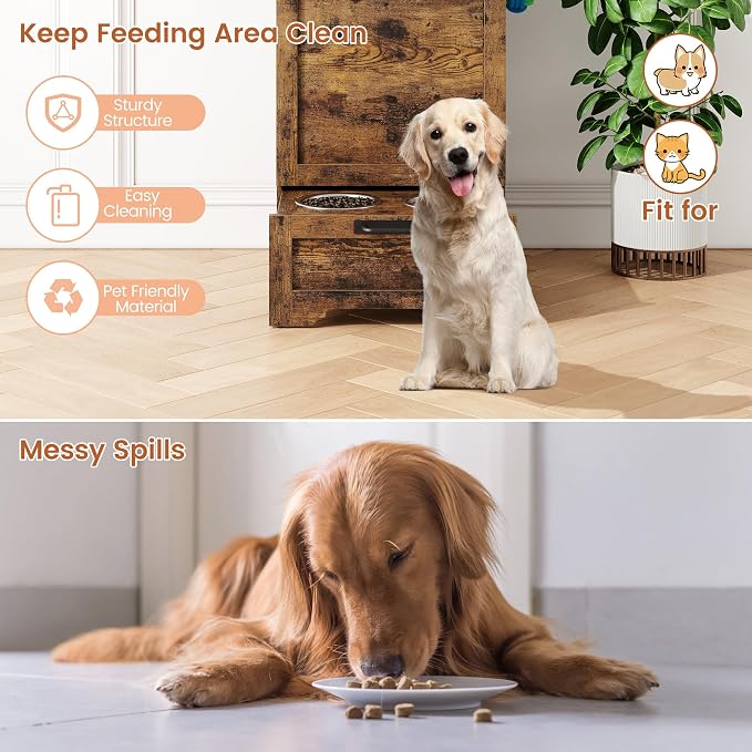 Garvee Dog Feeding Station with 2 Elevated Bowls, Dog Food Storage Cabinet, Flip Top Pet Feeding Station, Food Storage Container, Pet Toy Organizer, Brown