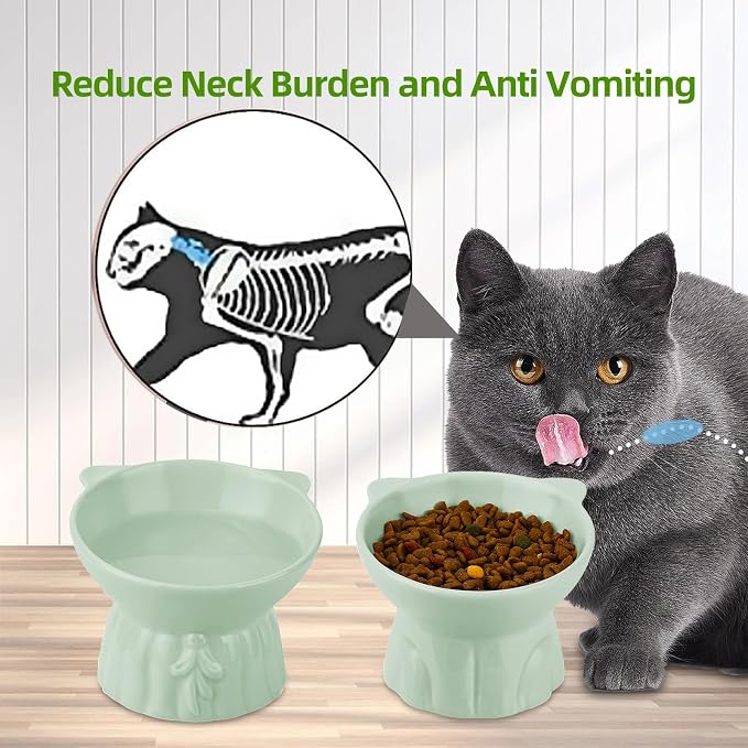 Elevated Cat Bowls 2-Pack, Ceramic Raised Cat Food & Water Dishes - Extra Wide & Shallow Whisker-Friendly Design, Anti-Vomit & Easy Digestion, Lead/Cadmium-Free, Microwave & Dishwasher Safe (Green)