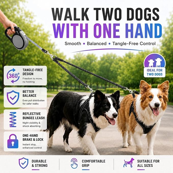 Double Retractable Dog Leash for Two Dogs Up to 115 lbs - 18.6 ft Coupler Leashes for Small Medium Dogs - One Locked System, Non Slip Grip, Tangle Free (Grey)
