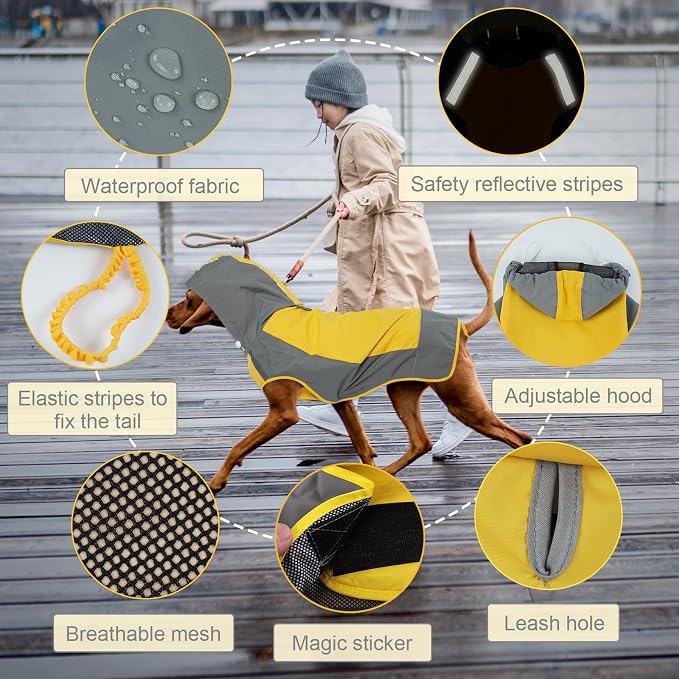 IECOii Dog Raincoat,Waterproof Rain Coat for Small Dogs,Adjustable Pet Rain Jacket with Hood,Lightweight Doggy Raincoats with Reflective Stripes,Yellow,Small