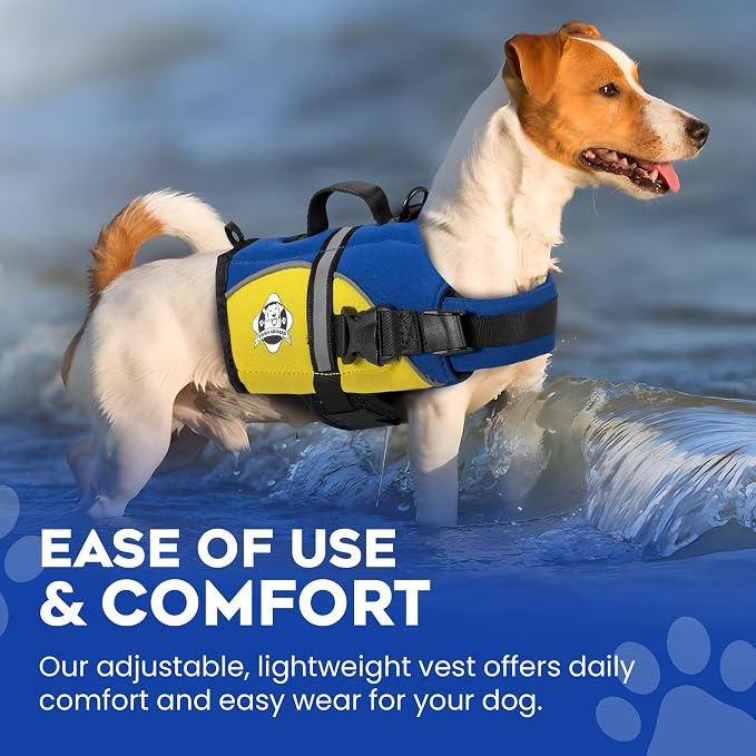 Dog Life Jacket — Premium Swim Vest with SafeChin Anti-Choke Collar | PAWS Aboard Blue & Yellow | RapidLift Rescue Handle, D-Ring, Reflective Trim | Boating, Kayaking, Pool | XX-Small (Under 6 lbs)