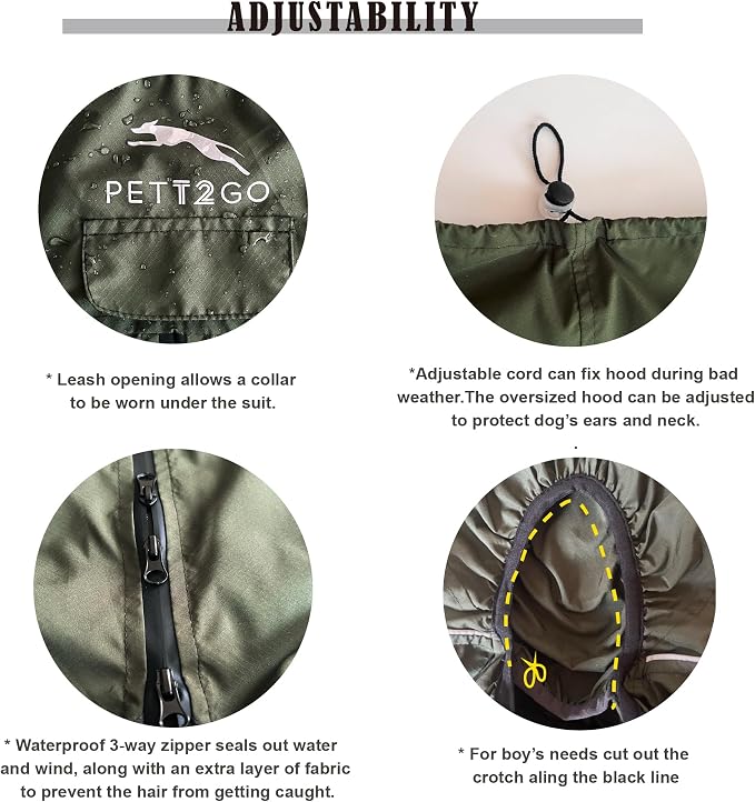 Dog Lightweight Windbreaker, Dog Outdoor 4-Legs Jacket, 0.5 lbs,Durable Water Repellent, Hooded, Easy on/Off with Collar and Harness, Reflective, Packable,Dark Olive - XLarge (Male)