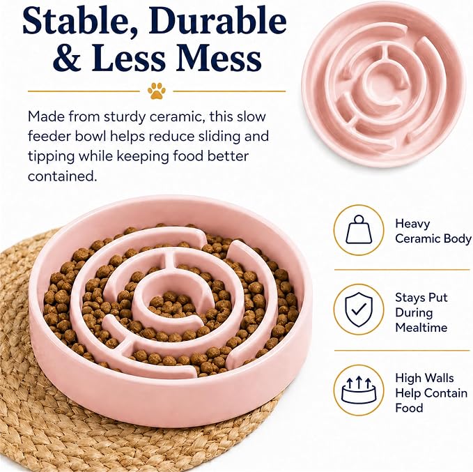 Ceramic Slow Feeder Dog Bowl 1.5 Cup Puzzle Dish for Small Medium Dogs | Glazed ceramic maze bowl with 1.5-cup capacity for dry or wet food, sized for small and medium dogs