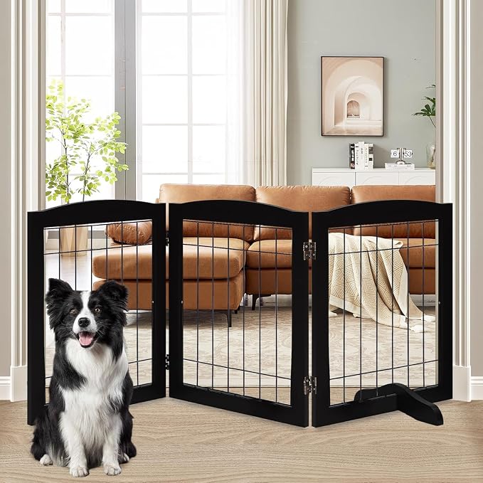 LZRS 3-Panel Freestanding Wooden Dog Gate—30" Tall Foldable Pet Barrier with Support Feet, Chew-Resistant Solid Hardwood & Steel Wire Safety Fence for Doorways, Hallways, and Stairs, Black
