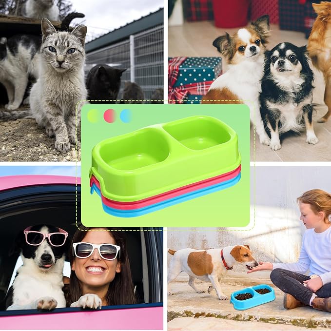 Hsei 12 Pcs Plastic Double Cat Dog Food Water Bowl,9.44 x 5.12 x 2.16 Inch | 12 Pack Bulk Set, PP Plastic, Raised Design, Dishwasher Safe, for Kennel Cattery Small Medium Pet Supplies, 3 Assorted Colors