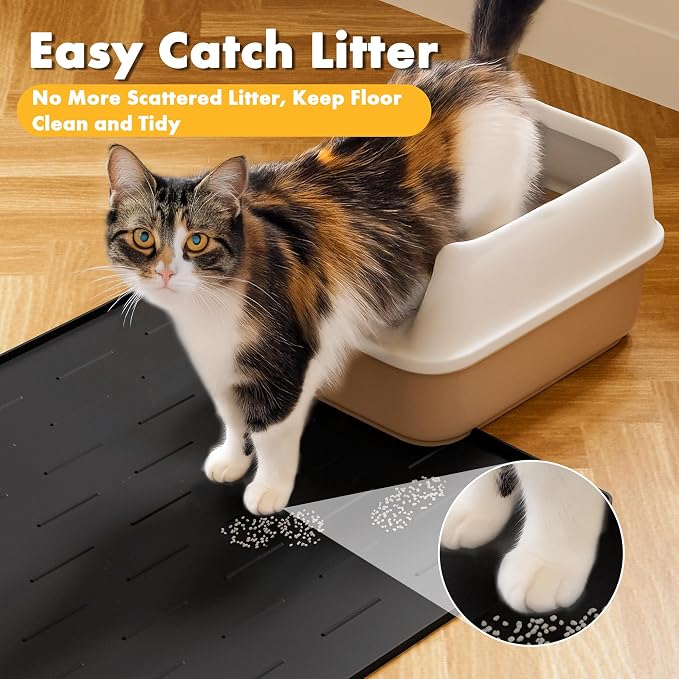 Pieviev Extra Large Silicone Litter Box Mat, Easy to Clean, 40'' x 28'' | Extra-Large Coverage Area Litter Mat, Soft on Kitty Paws, Grooves Reduce Waste, Raised Edges Trap Urine and Spills.