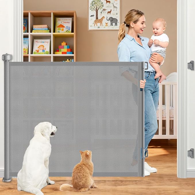 EZIGO 71 Inch Retractable Baby Gates, 41 Inch Extra Tall Retractable Gate | One-Hand Operation Retractable Dog Gate, 5.9FT Mesh Safety Pet Gate for Stairs, Deck, Porch, Doorways Indoor Outdoor, Gray