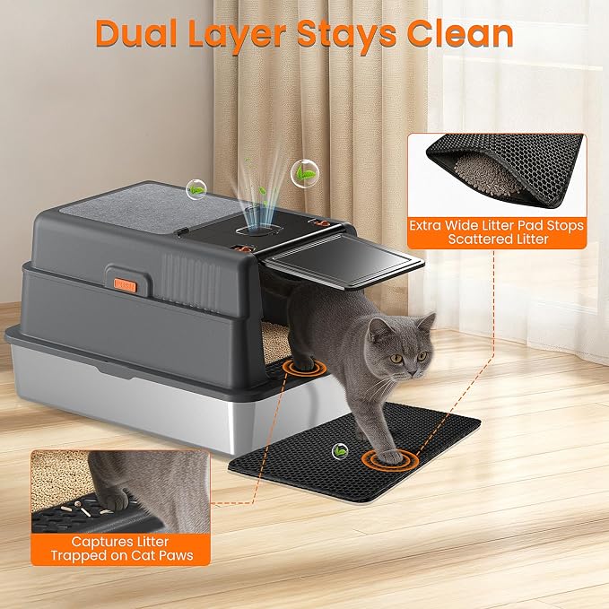 XXXXL Stainless Steel Litter Box with Lid,28.0" L × 20" W × 17" H Extra Large High Sided Cat Litter Box for Multi -Cats,Enclosed Metal Litter Box with Cat Scratcher and Scoop,Dark Gray