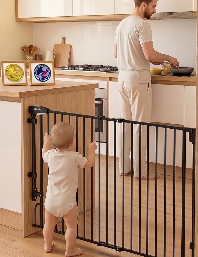 Babelio 35.5-55" Removable Baby Gate for Stairs No Bottom Bar, 30" H, Black | Hardware Mounted (Drill Needed)| Wide Walk-Thru| Auto-Close Safety Dog/Pet Gate for Stairs & Doorways