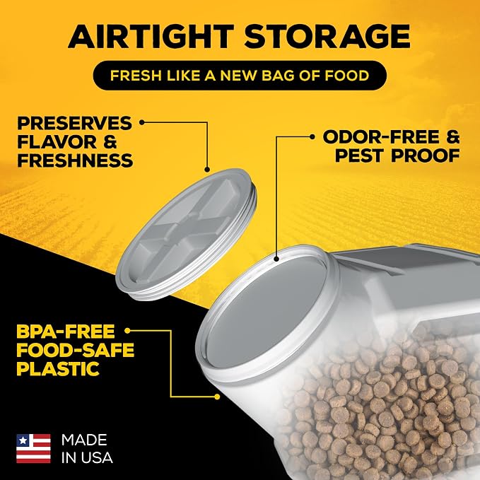 Vittles Vault Traditional Pet Food Storage Container For Dog Kibbles/Bird Seed/Oatmeal/Rice/Flour/Cereal, BPA Free Plastic, Sealed Airtight For Cat Food, Up To 60 lb, Made in USA, With Scoop, Gray
