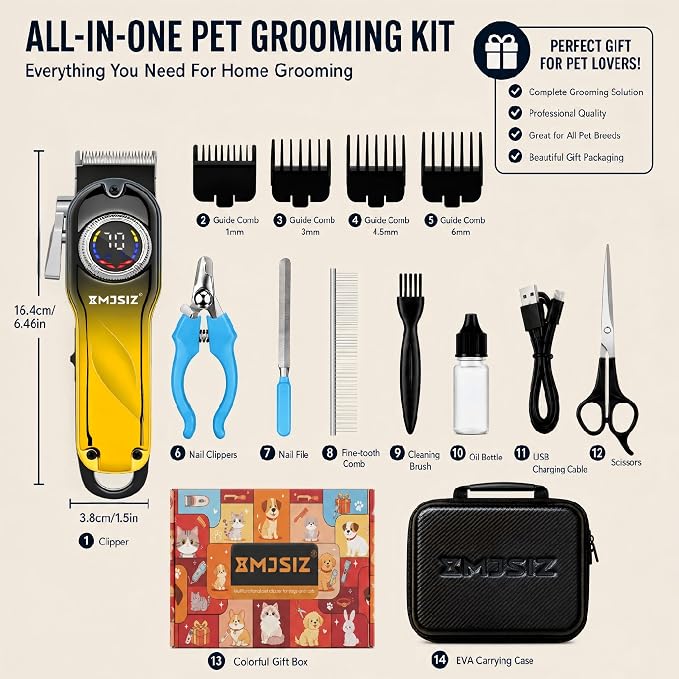 Dog Clippers for Grooming Thick Hair, Pet Grooming Kit with Carry Case | LCD Display • USB-C Charging • 180-Min Runtime • Low Noise • Carrying Case • Metal Housing