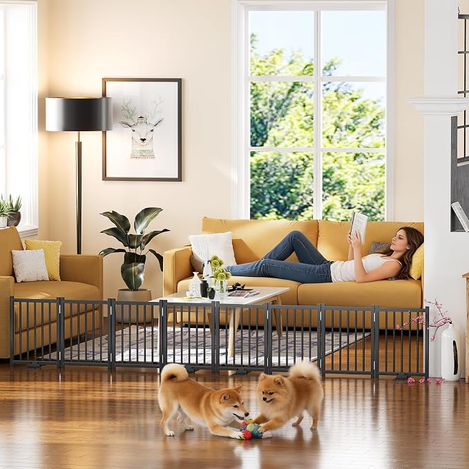 Snughome 2 Pack Short Dog Gate Indoor, 16" High Freestanding Small Dog Gates with Support Feet, Expand Up to 48’’ Wide Foldable Pet Gate for Doorway, 8 Panel Pet Door Pet Fence for Puppy, Black